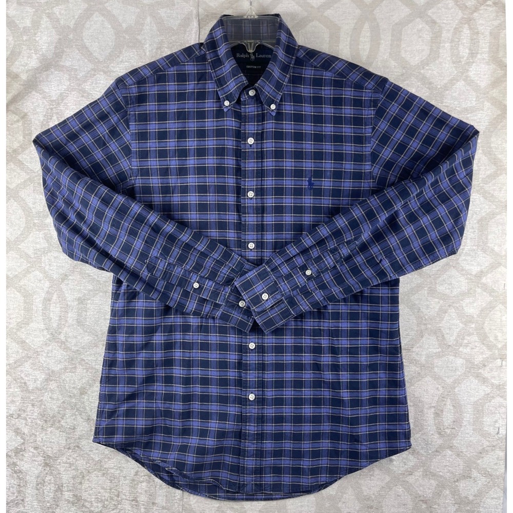 Ralph Lauren Custom Fit Men M Blue Plaid Excellent Button Down Cotton All Season